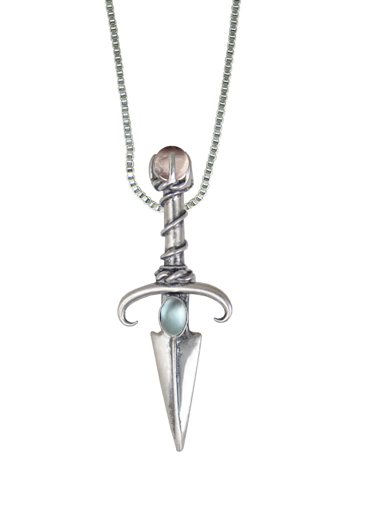 Sterling Silver Black Prince's Knife Dagger Pendant With Blue Topaz And Rose Quartz